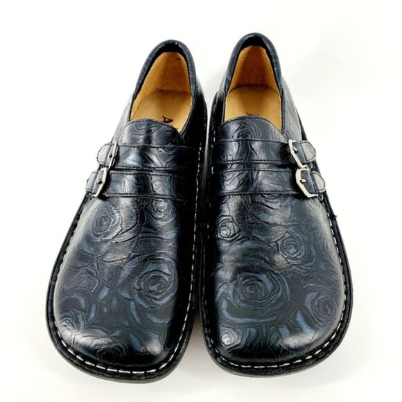 Alegria by PG Lite EU41/ US 9.5 Black Leather Silver Rose Embossed Mules Clogs - Picture 1 of 10